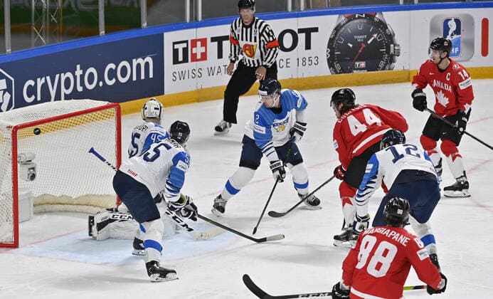 Maxime Comtois (44) of Canada scores during the 2021 IIHF Ice hockey, Eishockey World Championship, WM, Weltmeisterschaft Group B match Canada vs Finland, played in Riga, Latvia, on June 1, 2021. (CTKxPhoto VitxSimanek) CTKPhotoP2021060103698  vis