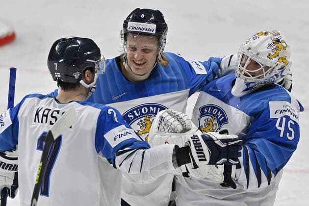 (L-R) Oliwer Kaski, Tony Sund and Jussi Olkinuora of Finland celebrate a goal during the 2021 IIHF Ice hockey, Eishockey World Championship, WM, Weltmeisterschaft Group B match Canada vs Finland, played in Riga, Latvia, on June 1, 2021. (CTKxPhoto VitxSimanek) CTKPhotoP2021060104756  vis