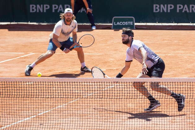 Andre Begemann with cap and Nikoloz Basilashvili, mens doubles tennis French Open 2021 Grand Slam Roland Garros Paris France 1 June 2021 Copyright: xJuergenxHasenkopfx