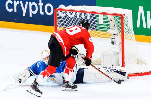 210601 Goalkeeper Jussi Olkinuora of Finland denies a shootout goal from Connor Brown of Canada during the 2021 IIHF Ice Hockey World Championship game between Canada and Finland on June 1, 2021 in Riga Photo Simon Hastegard BILDBYRAN kod SH SH0128 ishockey ice hockey ishockey vm iihf ice hockey world championship canada kanada finland day 12 bbeng,  Copyright: SIMONxHASTEGARD BB210601SH047