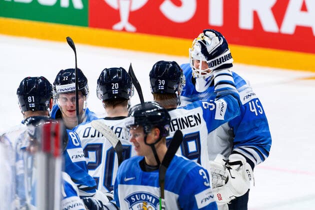 210601 Goalkeeper Jussi Olkinuora of Finland celebrates after the 2021 IIHF Ice Hockey World Championship game between Canada and Finland on June 1, 2021 in Riga Photo Simon Hastegard BILDBYRAN kod SH SH0128 ishockey ice hockey ishockey vm iihf ice hockey world championship canada kanada finland day 12 bbeng jubel,  Copyright: SIMONxHASTEGARD BB210601SH049