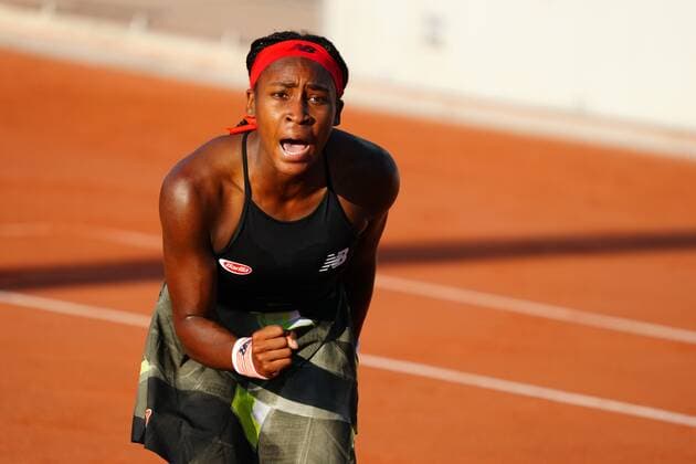 Mandatory Credit: Photo by Javier Garcia BPI Shutterstock (11988207mg) Coco Gauff celebrates winning the first set tie-break during her first round match French Open Tennis, Day Three, Roland Garros, Paris, France - 01 Jun 2021 French Open Tennis, Day Three, Roland Garros, Paris, France - 01 Jun 2021  Copyright: xJavierxGarcia BPI Shutterstockx 11988207mg