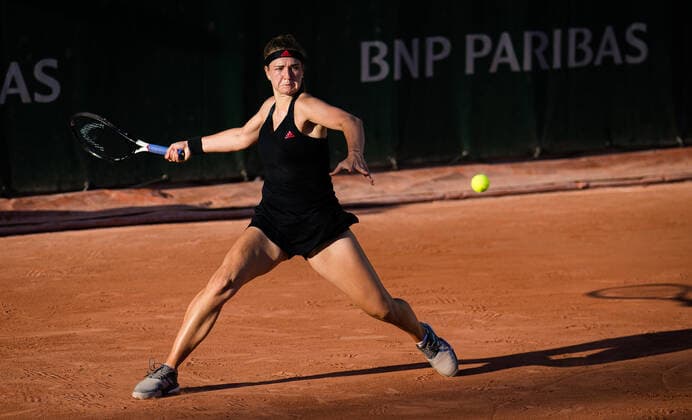 June 1, 2021: Karolina Muchova of the Czech Republic in action during the first round at the 2021 Roland Garros Grand Slam Tournament against Andrea Petkovic of Germany - ZUMAa181 20210601_zaa_a181_186 Copyright: xRobxPrangex