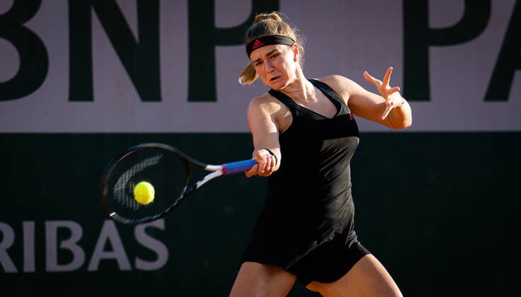 June 1, 2021: Karolina Muchova of the Czech Republic in action during the first round at the 2021 Roland Garros Grand Slam Tournament against Andrea Petkovic of Germany - ZUMAa181 20210601_zaa_a181_234 Copyright: xRobxPrangex