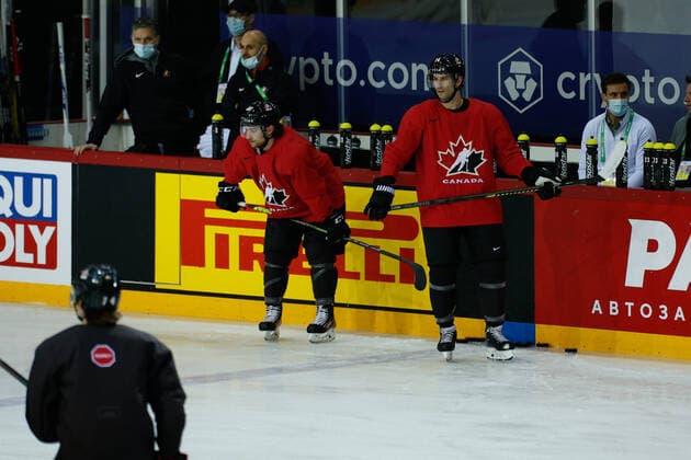 02 06 2021, Riga, Olympic Sports Centre, Team Canada practice 2021 IIHF Ice Hockey World Championship , 14 Adam Henrique Canada and 88 Andrew Mangiapane at practice Riga Riga Latvia  Copyright: xJustPictures.ch JarixPestelaccix
