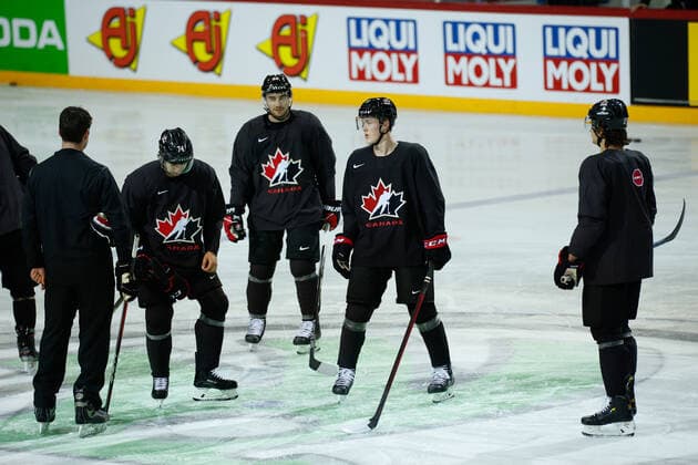 02 06 2021, Riga, Olympic Sports Centre, Team Canada practice 2021 IIHF Ice Hockey World Championship , 74 Nicolas Beaudin Canada , 26 Sean Walker Canada , 5 Jacob Bernard Docker Canada and 2 Braden Schneider Canada at practice Riga Riga Latvia  Copyright: xJustPictures.ch JarixPestelaccix