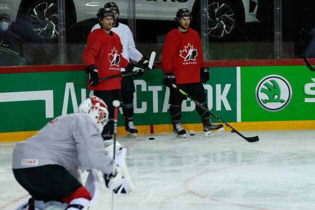 02 06 2021, Riga, Olympic Sports Centre, Team Canada practice 2021 IIHF Ice Hockey World Championship , 14 Adam Henrique Canada , 27 Michael Bunting Canada and 88 Andrew Mangiapane at practice Riga Riga Latvia  Copyright: xJustPictures.ch JarixPestelaccix
