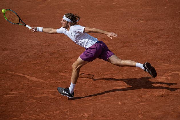 Stefanos TSITSIPAS of Greece plays a ball against Pedro MARTINEZ of Spain on the second round of the French Open tennis tournament at Roland Garros in Paris, France, 2 June 2021. Roland Garros 2021 will run from 30 May to 13 June 2021.  Copyright: xAurelienxMorissardx