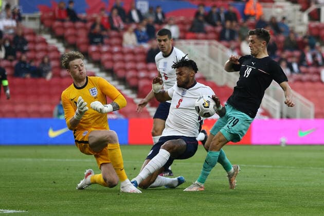 SOCCER - ENG vs AUT, test match MIDDLESBROUGH,ENGLAND,02.JUN.21 - SOCCER - UEFA European Championship, EM, Europameisterschaft preview, OEFB international match, Länderspiel, Nationalmannschaft England vs Austria, friendly match. Image shows Jordan Pickford, Tyrone Mings (ENG) and Christoph Baumgartner (AUT). GEPAxpictures xMichaelxZemanek
