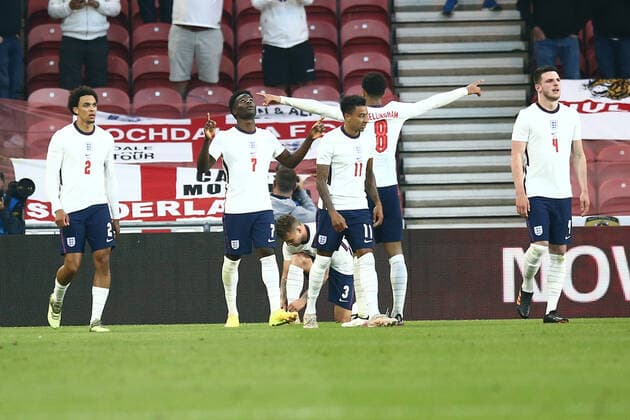 SOCCER - ENG vs AUT, test match MIDDLESBROUGH,ENGLAND,02.JUN.21 - SOCCER - UEFA European Championship, EM, Europameisterschaft preview, OEFB international match, Länderspiel, Nationalmannschaft England vs Austria, friendly match. Image shows the rejoicing of ENG with Bukayo Saka (ENG).  GEPAxpictures xMichaelxZemanek