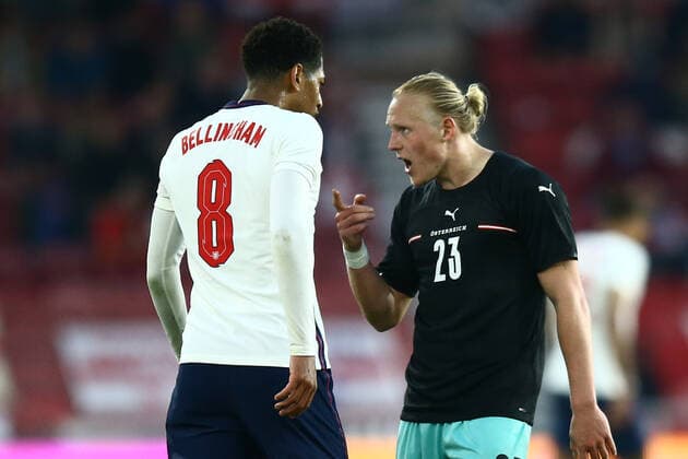 SOCCER - ENG vs AUT, test match MIDDLESBROUGH,ENGLAND,02.JUN.21 - SOCCER - UEFA European Championship, EM, Europameisterschaft preview, OEFB international match, Länderspiel, Nationalmannschaft England vs Austria, friendly match. Image shows Jude Bellingham (ENG) and Xaver Schlager (AUT).  GEPAxpictures xMichaelxZemanek