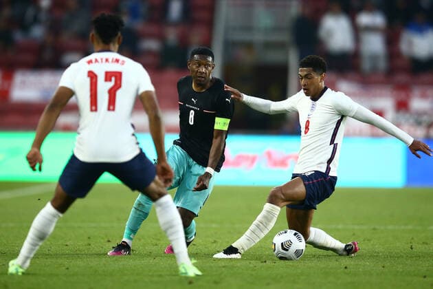 SOCCER - ENG vs AUT, test match MIDDLESBROUGH,ENGLAND,02.JUN.21 - SOCCER - UEFA European Championship, EM, Europameisterschaft preview, OEFB international match, Länderspiel, Nationalmannschaft England vs Austria, friendly match. Image shows Ollie Watkins (ENG), David Alaba (AUT) and Jude Bellingham (ENG). GEPAxpictures xMichaelxZemanek