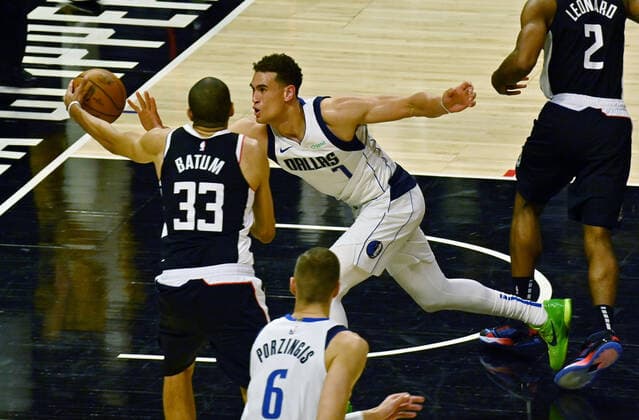Dallas Mavericks center Dwight Powell (7) knocks the ball out of bounds from Los Angeles Clippers forward Nicolas Batum during the fourth quarter in Game 5 of their best-of-seven playoff series at Staples Center in Los Angeles on Wednesday, June 2, 2021. The Clippers lost to Dallas 105-100, their championship ambitions are hanging on for dear life trailing 3-2 in the series, with Game 6 coming on Friday in Dallas.  LAP2021060211 JIMxRUYMEN