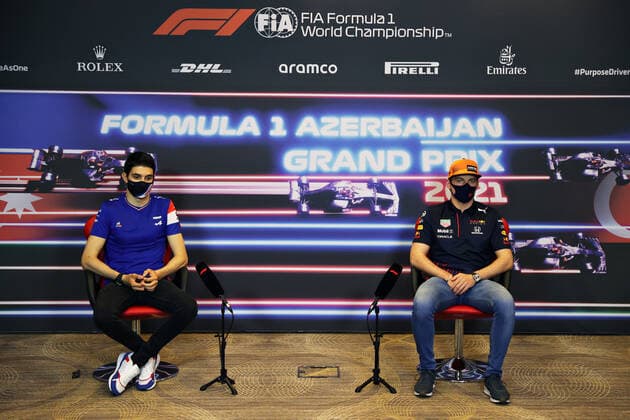 F1 Grand Prix of Azerbaijan 31 Esteban Ocon (FRA, Alpine F1 Team), 33 Max Verstappen (NED, Red Bull Racing), F1 Grand Prix of Azerbaijan at Baku City Circuit on June 3, 2021 in Baku, Azerbaijan. (Photo by Clive Rose Getty Images FIA Pool via HOCH ZWEI) Baku Baku City Circuit Azerbaijan Poolfoto HOCH ZWEI Pool Getty Images ,EDITORIAL USE ONLY