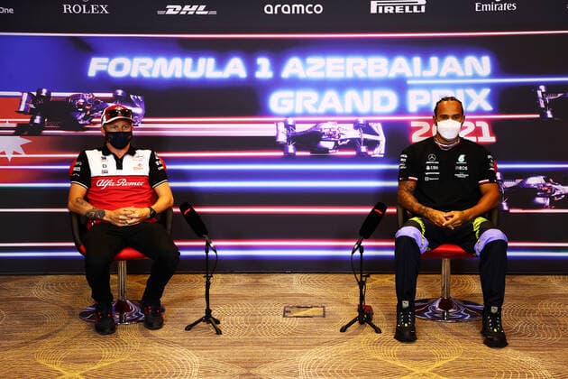 F1 Grand Prix of Azerbaijan 7 Kimi Raikkonen (FIN, Alfa Romeo Racing ORLEN), 44 Lewis Hamilton (GBR, Mercedes-AMG Petronas F1 Team), F1 Grand Prix of Azerbaijan at Baku City Circuit on June 3, 2021 in Baku, Azerbaijan. (Photo by Francois Nel Getty Images FIA Pool via HOCH ZWEI) Baku Baku City Circuit Azerbaijan Poolfoto HOCH ZWEI Pool Getty Images ,EDITORIAL USE ONLY