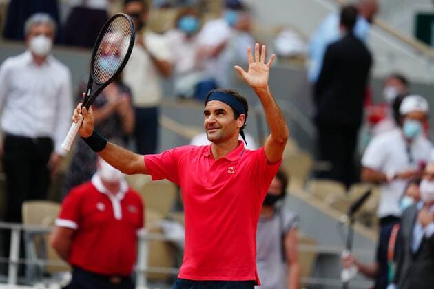 Mandatory Credit: Photo by Javier Garcia BPI Shutterstock (12010909jk) Roger Federer celebrates his win during second round action French Open Tennis, Day Five, Roland Garros, Paris, France - 03 Jun 2021 French Open Tennis, Day Five, Roland Garros, Paris, France - 03 Jun 2021  Copyright: xJavierxGarcia BPI Shutterstockx 12010909jk