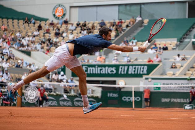 Marin CILIC of Croatia plays a ball against Roger FEDERER of Switzerland on the second round of the French Open tennis tournament at Roland Garros in Paris, France, 3 June 2021. Roland Garros 2021 will run from 30 May to 13 June 2021.  Copyright: xAurelienxMorissardx