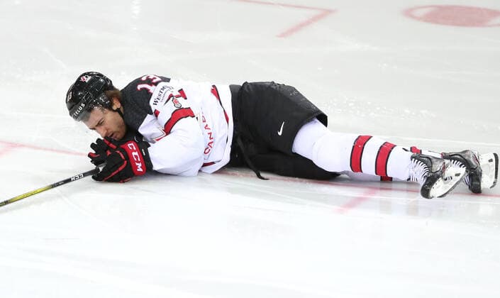 RIGA, LATVIA - JUNE 3, 2021: Canada s Gabriel Vilardi in a 2021 IIHF World Championship, WM, Weltmeisterschaft quarterfinal Ice hockey, Eishockey match against Russia at the Olympic Sports Center. Due to CAS sanctions, the Russian team performs under the name and flag of the Russian Olympic Committee (ROC). Natalia Fedosenko TASS  TS1032E7