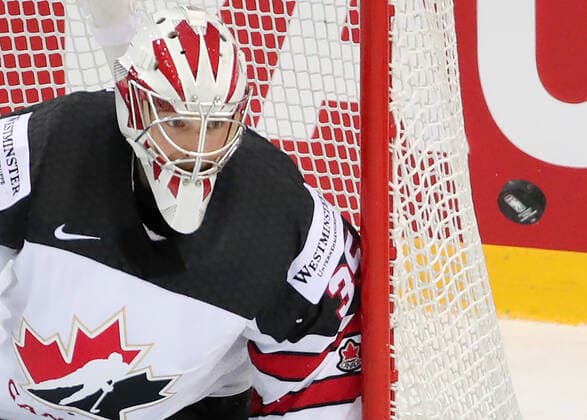 RIGA, LATVIA - JUNE 3, 2021: Canada s goalie Darcy Kuemper in action in a 2021 IIHF World Championship, WM, Weltmeisterschaft quarterfinal Ice hockey, Eishockey match against Russia at the Olympic Sports Center. Due to CAS sanctions, the Russian team performs under the name and flag of the Russian Olympic Committee (ROC). Natalia Fedosenko TASS  TS103303