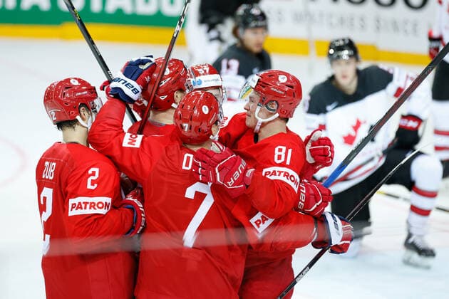 03 06 2021, Riga, Olympic Sports Centre, Quarterfinal Russia Canada 2021 IIHF Ice Hockey World Championship , Team ROC open the scores with 37 Yevgeni Timkin Russia and celebrates with 2 Artyom Zub Russia , 7 Dmitri Orlov Russia , 81 Vladislav Kamenev Russia and 57 Artyom Shvets Rogovoi Russia Riga Riga Latvia  Copyright: xJustPictures.ch JarixPestelaccix
