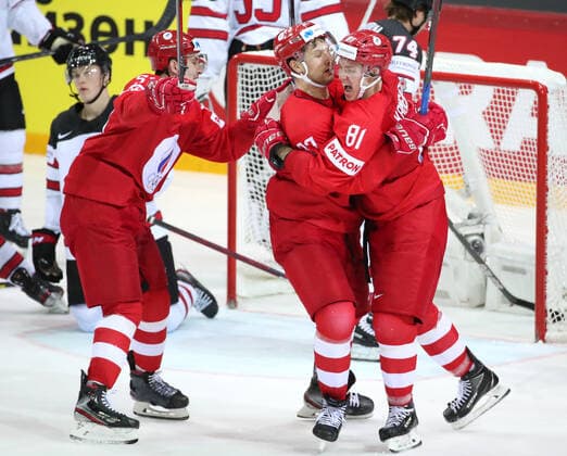 RIGA, LATVIA - JUNE 3, 2021: Russia s players celebrate a goal in a 2021 IIHF World Championship, WM, Weltmeisterschaft quarterfinal Ice hockey, Eishockey match at the Olympic Sports Center. Due to CAS sanctions, the Russian team performs under the name and flag of the Russian Olympic Committee (ROC). Natalia Fedosenko TASS  TS103314