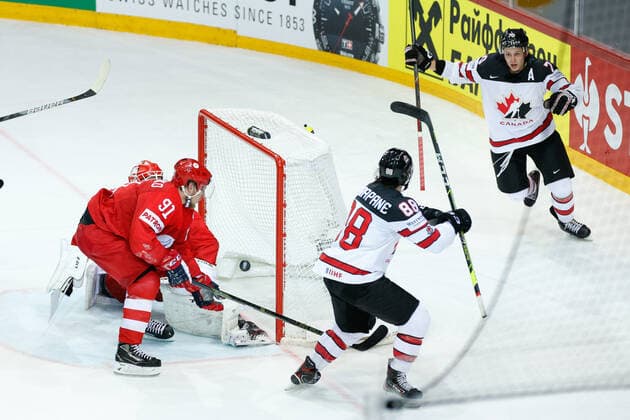 03 06 2021, Riga, Olympic Sports Centre, Quarterfinal Russia Canada 2021 IIHF Ice Hockey World Championship , 88 Andrew Mangiapane Canada scores and celebrates with 70 Troy Stecher Canada Riga Riga Latvia  Copyright: xJustPictures.ch JarixPestelaccix