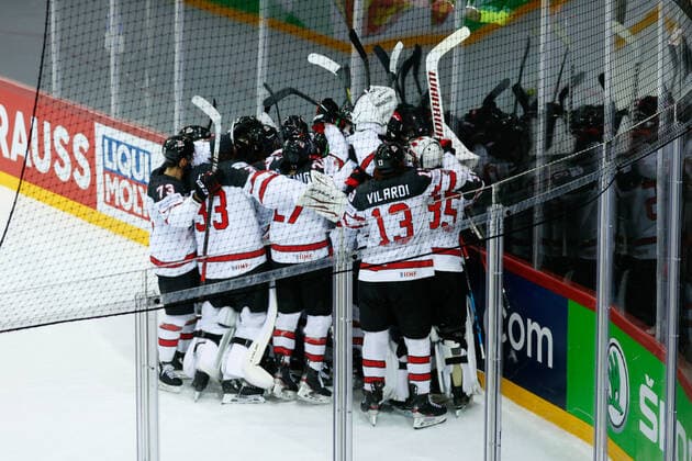03 06 2021, Riga, Olympic Sports Centre, Quarterfinal Russia Canada 2021 IIHF Ice Hockey World Championship , Team Canada celebrates victory Riga Riga Latvia  Copyright: xJustPictures.ch JarixPestelaccix