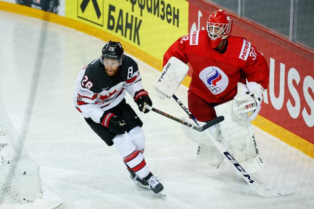 03 06 2021, Riga, Olympic Sports Centre, Quarterfinal Russia Canada 2021 IIHF Ice Hockey World Championship , 28 Connor Brown Canada and goalkeeper Sergei Bobrovski Russia during the game Riga Riga Latvia  Copyright: xJustPictures.ch JarixPestelaccix