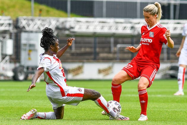 v li Eunice Beckmann Köln, 11 , Natalie Stulin FFC Niederkirchen, 27 , Zweikampf, Duell, duel, tackle, tackling, Dynamik, Action, Aktion, 03 06 2021, Köln Deutschland , Fussball, 2 Frauen Bundesliga Süd, 1 FC Köln 1 FFC Niederkirchen, DFB DFL REGULATIONS PROHIBIT ANY USE OF PHOTOGRAPHS AS IMAGE SEQUENCES AND OR QUASI VIDEO xmhx