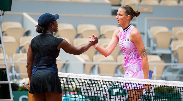 June 3, 2021, PARIS, FRANCE: Sloane Stephens of the United States & Karolina Pliskova at the net after their second-round match at the 2021 Roland Garros Grand Slam Tournament PARIS FRANCE - ZUMAa181 20210603_zaa_a181_103 Copyright: xRobxPrangex