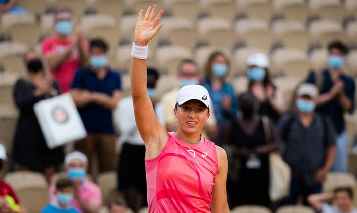 June 3, 2021, PARIS, FRANCE: Iga Swiatek of Poland in action during her second-round match at the 2021 Roland Garros Grand Slam Tournament against Rebecca Peterson of Sweden PARIS FRANCE - ZUMAa181 20210603_zaa_a181_180 Copyright: xRobxPrangex