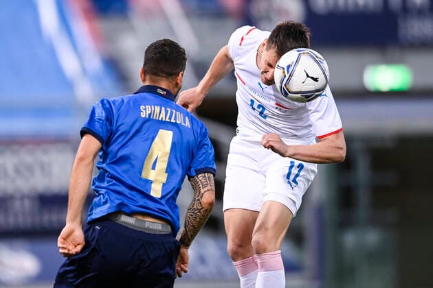Photo LaPresse - Fabio Ferrari June 04, 2021 Bologna, Italy soccer Italy vs Czech Republic - Friendly match - & x2018;Dall Ara Stadium of Bologna. In the pic:Leonardo Spinazzola (Italy)Masopust(Czech Republic)  Copyright: xFabioxFerrari LaPressex