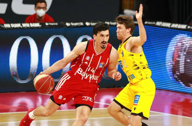 14 Nihad Djedovic FCBB red, vs 1 Jordan Hulls Ludwigsburg Basketball, 1 Bundesliga, BBL, Playoff, Game 4, FC Bayern Munich MHP Riesen Ludwigsburg at Audi Dome on 04 06 2021 PHOTO Mladen Lackovic LakoPress