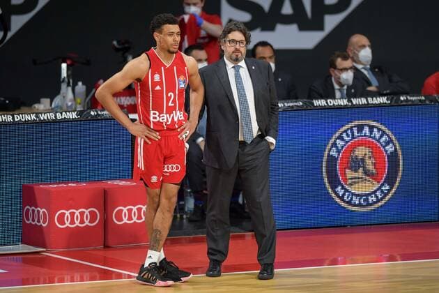 Basketball, BBL, 20210604, FC Bayern Munich MHP RIESEN Ludwigsburg In the picture Wade BALDWIN FC Bayern Munich, 2 and Head Coach of FC Bayern Munich Andrea TRINCHIERI Munich Audi Dome Bayern Germany Copyright: Passion2Press MarkusxFischerx