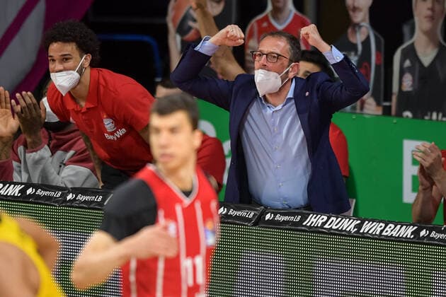 Basketball, BBL, 20210604, FC Bayern München MHP RIESEN Ludwigsburg In the picture Sports Director of FC Bayern München Basketball Daniele BAIESI cheers basket Munich Audi Dome Bayern Germany Copyright: Passion2Press MarkusxFischerx