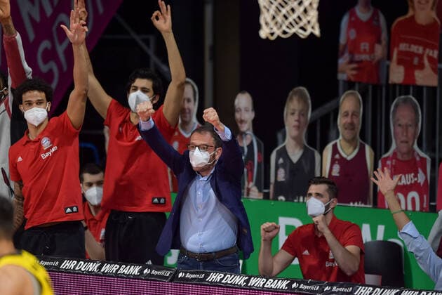 Basketball, BBL, 20210604, FC Bayern München MHP RIESEN Ludwigsburg In the picture Sports Director of FC Bayern München Basketball Daniele BAIESI cheers basket Munich Audi Dome Bayern Germany Copyright: Passion2Press MarkusxFischerx