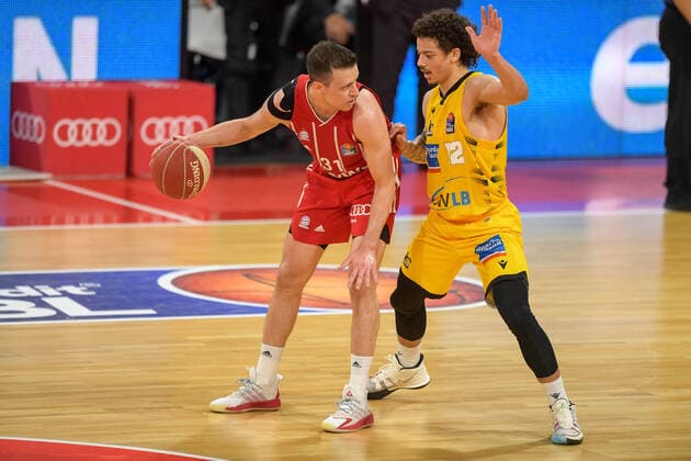 Basketball, BBL, 20210604, FC Bayern München MHP RIESEN Ludwigsburg In the picture Zan Mark SISKO FC Bayern München, 31 and Jonah RADEBAUGH MHP Riesen Ludwigsburg, 12 Munich Audi Dome Bayern Germany Copyright: Passion2Press MarkusxFischerx