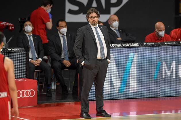 Basketball, BBL, 20210604, FC Bayern München MHP RIESEN Ludwigsburg In the picture Head Coach of FC Bayern München Andrea TRINCHIERI Sponsor Munich Airport Munich Audi Dome Bayern Germany Copyright: Passion2Press MarkusxFischerx