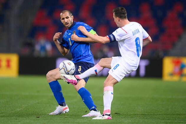 Photo LaPresse - Fabio Ferrari June 04, 2021 Bologna, Italy soccer Italy vs Czech Republic - Friendly match - & x2018;Dall Ara Stadium of Bologna. In the pic:Giorgio Chiellini (Italy)Darida (Czech Republic)  Copyright: xFabioxFerrari LaPresex