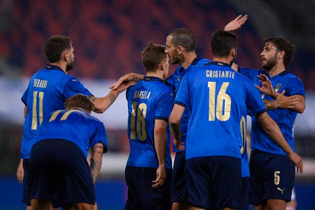 Photo LaPresse - Fabio Ferrari June 04, 2021 Bologna, Italy soccer Italy vs Czech Republic - Friendly match - & x2018;Dall Ara Stadium of Bologna. In the pic:Domenico Berardi (Italy)celebrates after gol 4-0  Copyright: xFabioxFerrari LaPresex