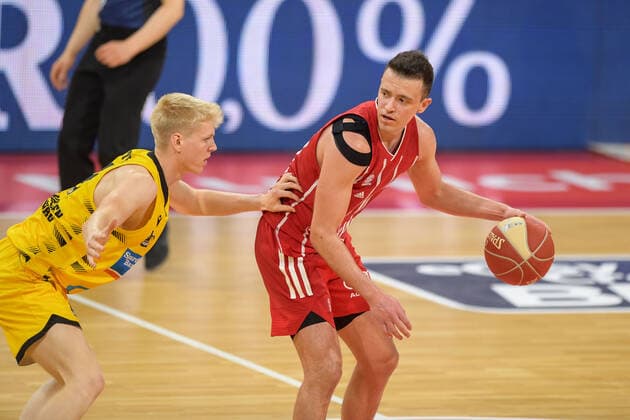 Basketball, BBL, 20210604, FC Bayern München MHP RIESEN Ludwigsburg In the picture Jacob PATRICK MHP Riesen Ludwigsburg, 2 and Zan Mark SISKO FC Bayern München, 31 Munich Audi Dome Bayern Germany Copyright: Passion2Press MarkusxFischerx