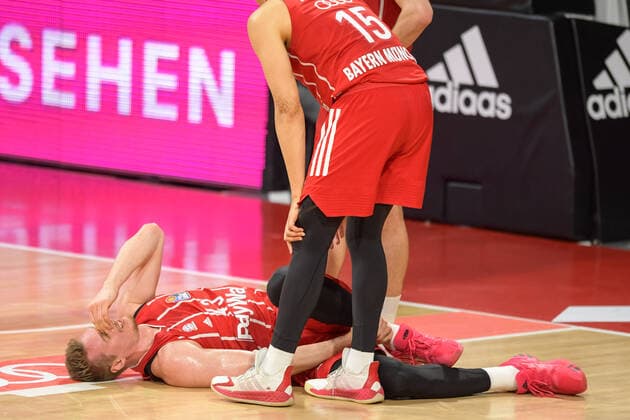 Basketball, BBL, 20210604, FC Bayern Munich MHP RIESEN Ludwigsburg In the picture Leon RADOSEVIC FC Bayern Munich, 43 stricken on the ground Munich Audi Dome Bayern Germany Copyright: Passion2Press MarkusxFischerx