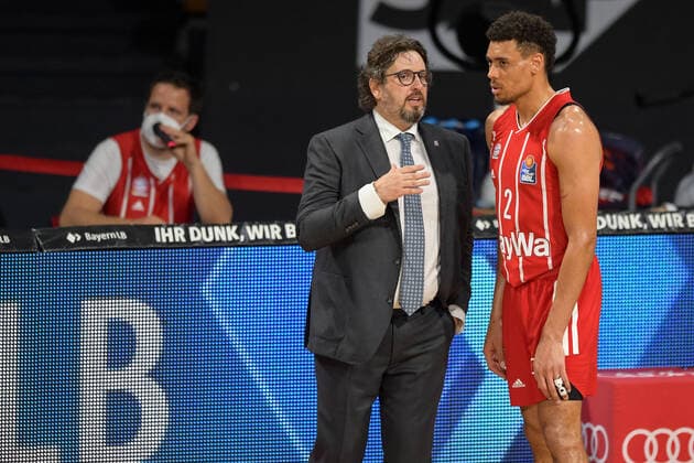 Basketball, BBL, 20210604, FC Bayern München MHP RIESEN Ludwigsburg In the picture Head Coach of FC Bayern München Andrea TRINCHIERI and Wade BALDWIN FC Bayern München, 2 Munich Audi Dome Bayern Germany Copyright: Passion2Press MarkusxFischerx