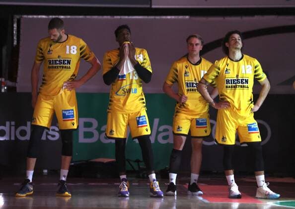 Ludwigsburgs 18 WOHLFARTH BOTTERMANN, 13 POLAS BARTOLO, 11 HERZOG and 12 RADEBAUGH basketball, Bayern Ludwigsburg, BBL playoff, semifinals, 4 game, 2020 2021 season, on 4 6 2021 in Munich, A U D I D O M E, Germany source copyright credit Oryk HAIST x1DX31627.JPGx