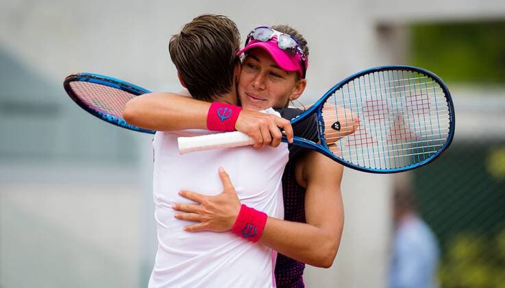 Mandatory Credit: Photo by Rob Prange Shutterstock (12014076gk) Nicole Melichar of the United States & Demi Schuurs of the Netherlands playing doubles at the 2021 Roland Garros Grand Slam Tournament French Open Tennis, Day Six, Roland Garros, Paris, France - 04 Jun 2021 French Open Tennis, Day Six, Roland Garros, Paris, France - 04 Jun 2021  Copyright: xRobxPrange Shutterstockx 12014076gk
