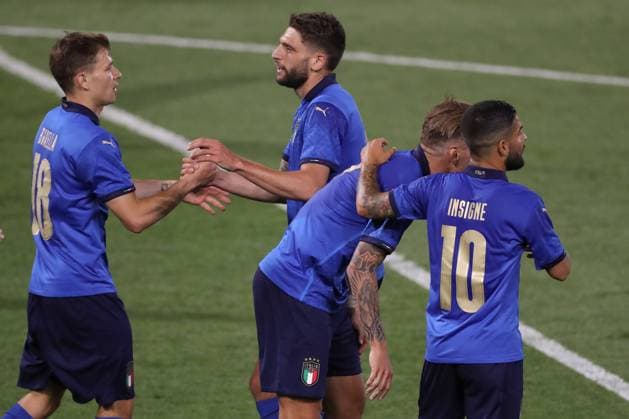 Bologna, Italy, 4th June 2021. Domenico Berardi of Italy celebrates with team mate Nicolo Barella after scoring to give the side a 4-0 lead during the International Football Friendly match at Stadio Dall Ara, Bologna. Picture credit should read: Jonathan Moscrop Sportimage EDITORIAL USE ONLY. No use with unauthorised audio, video, data, fixture lists, club league logos or live services. Online in-match use limited to 120 images, no video emulation. No use in betting, games or single club league player publications. SPI-1074-0020
