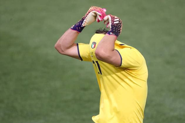 Bologna, Italy, 4th June 2021. Gianluigi Donnarumma of Italy removes his jersey following the final whistle of the International Football Friendly match at Stadio Dall Ara, Bologna. Picture credit should read: Jonathan Moscrop Sportimage EDITORIAL USE ONLY. No use with unauthorised audio, video, data, fixture lists, club league logos or live services. Online in-match use limited to 120 images, no video emulation. No use in betting, games or single club league player publications. SPI-1074-0034