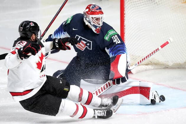 RIGA, LATVIA - JUNE 5, 2021: Brandon Pirri (L) of Canada and goalie Calvin Cal Petersen are in action in their 2021 IIHF World Championship, WM, Weltmeisterschaft semifinal match at Arena Riga. Natalia Fedosenko TASS  TS103BA8