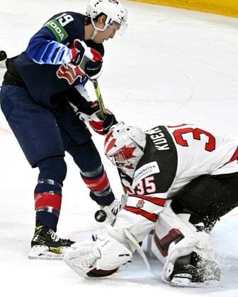 Jason Robertson of USA and goalkeeper Darcyn Kuemper of Canada during semi-final match USA vs. Canada at the 2021 IIHF Ice hockey, Eishockey World Championships in Riga, Latvia on Saturday, May 5, 2021. Riika, Riga Latvia LKFTJK20210605143142SWGV  Copyright: xJussixNukarix