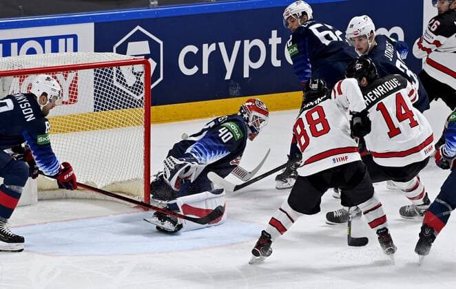Goalkeeper Cal Petersen of USA and Andrew Mangiapane and Adam Henrique of Canada during semi-final match USA vs. Canada at the 2021 IIHF Ice hockey, Eishockey World Championships in Riga, Latvia on Saturday, May 5, 2021. Riika, Riga Latvia LKFTJK20210605142624KYVU  Copyright: xJussixNukarix